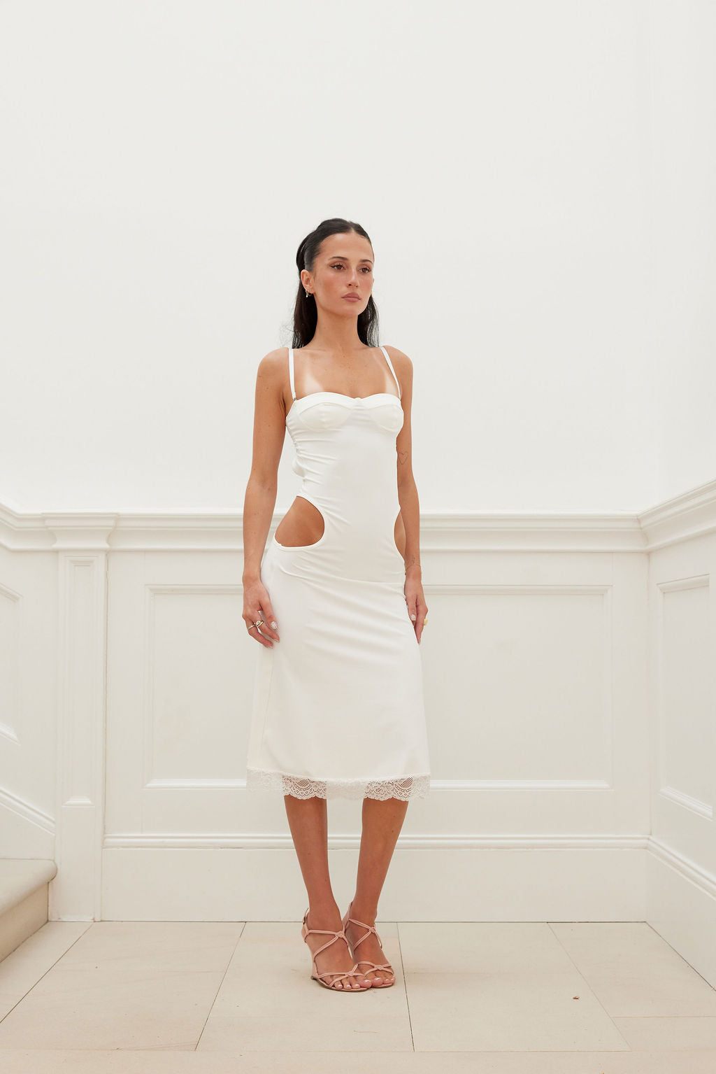 side cut out white dress Duplicity Cut-Out Waist Layered Hem Mini Dress White